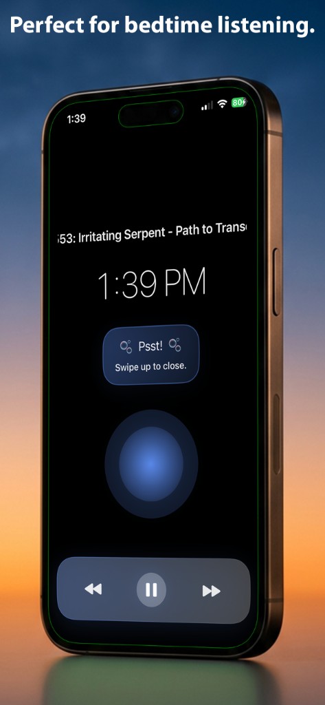 Audissey ambient listening screen with a clock, pulse visualizer, and bedtime controls