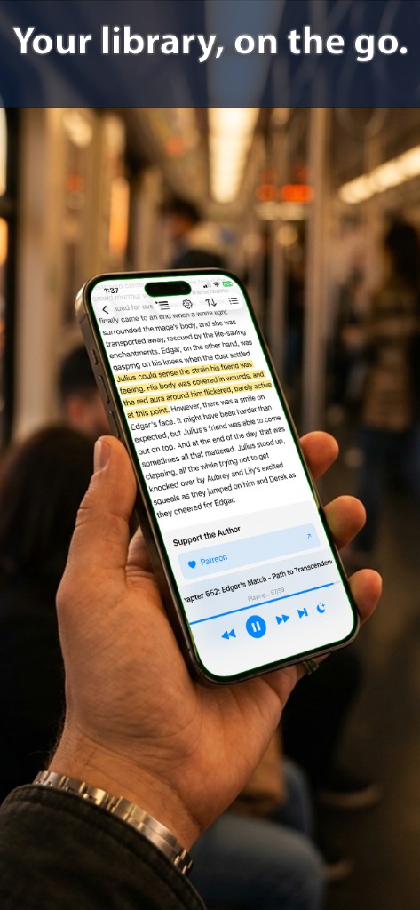 Audissey read-along mode on a phone during a commute, with highlighted text and lock-screen style playback controls