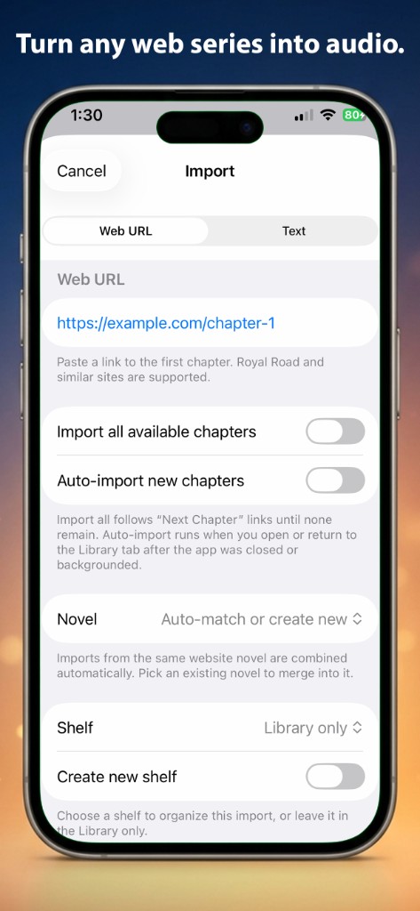 Audissey Import screen with a web URL field, Royal Road support, and auto-import toggles